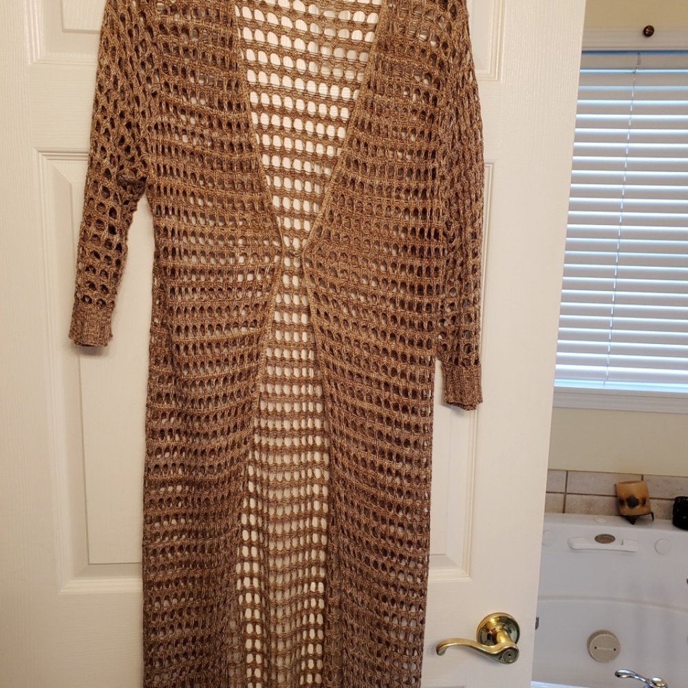 Long open weave crochet cardigan duster XL light brown dark khahi